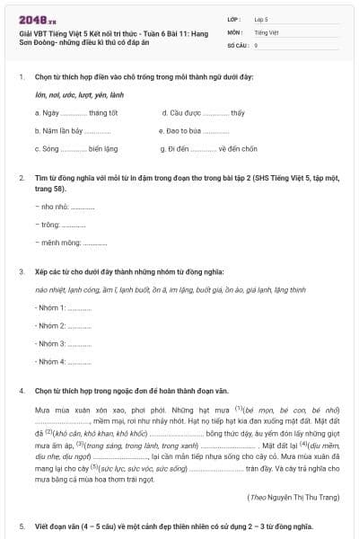 Giải VBT Tiếng Việt 5 Kết nối tri thức - Tuần 6 Bài 11: Hang Sơn Đoòng- những điều kì thú có đáp án