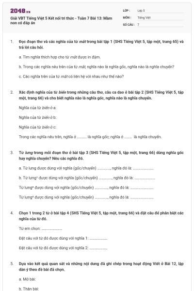 Giải VBT Tiếng Việt 5 Kết nối tri thức - Tuần 7 Bài 13: Mầm non có đáp án