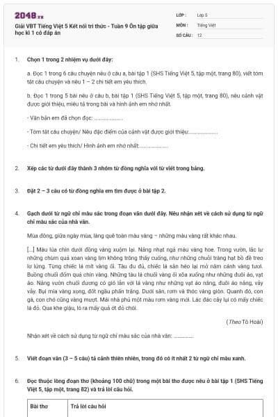 Giải VBT Tiếng Việt 5 Kết nối tri thức - Tuần 9 Ôn tập giữa học kì 1 có đáp án