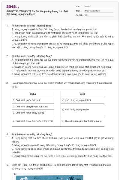 Giải SBT KHTN 9 KNTT Bài 16. Vòng năng lượng trên Trái Đất. Năng lượng hoá thạch