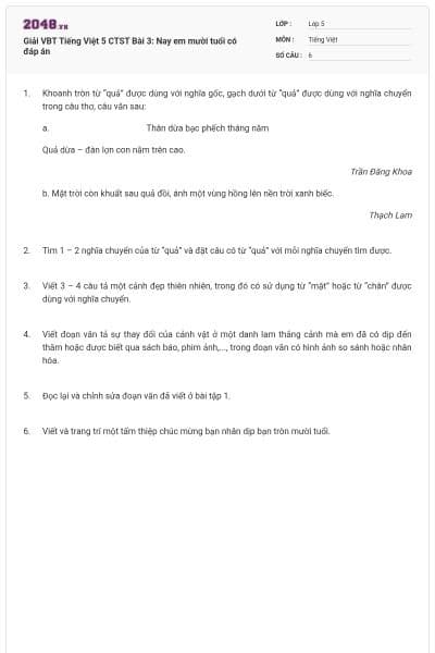 Giải VBT Tiếng Việt 5 CTST Bài 3: Nay em mười tuổi  có đáp án