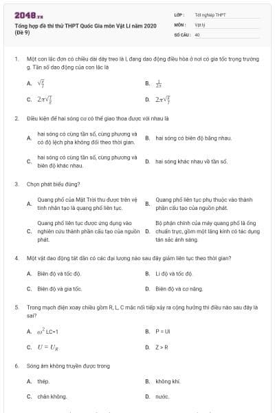 Tổng hợp đề thi thử THPT Quốc Gia môn Vật Lí năm 2020 (Đề 9)