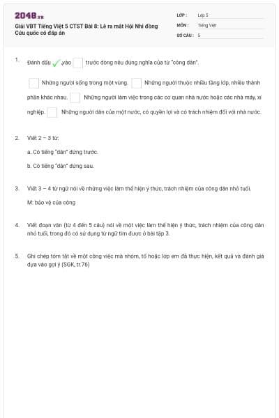 Giải VBT Tiếng Việt 5 CTST Bài 8: Lễ ra mắt Hội Nhi đồng Cứu quốc có đáp án