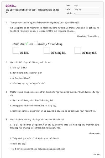 Giải VBT Tiếng Việt 5 CTST Bài 1: Tết nhớ thương có đáp án