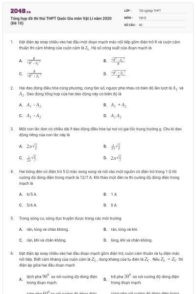Tổng hợp đề thi thử THPT Quốc Gia môn Vật Lí năm 2020 (Đề 10)