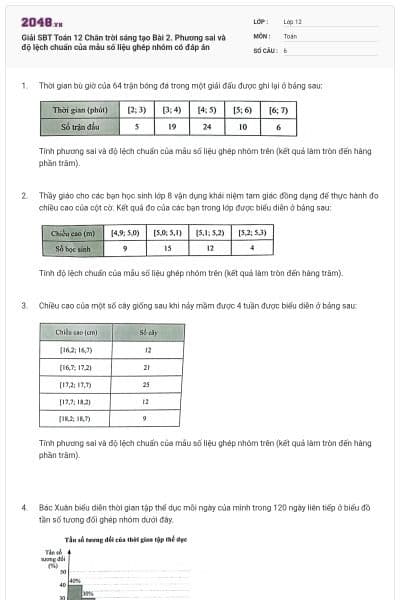 Giải SBT Toán 12 Chân trời sáng tạo Bài 2. Phương sai và độ lệch chuẩn của mẫu số liệu ghép nhóm có đáp án