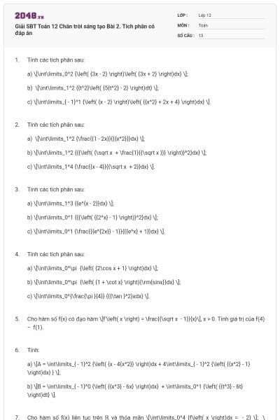Giải SBT Toán 12 Chân trời sáng tạo Bài 2. Tích phân có đáp án