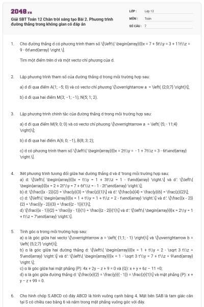 Giải SBT Toán 12 Chân trời sáng tạo Bài 2. Phương trình đường thẳng trong không gian có đáp án