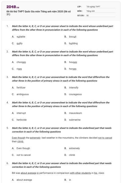 Đề thi thử THPT Quốc Gia môn Tiếng anh năm 2020 (Đề số 31)