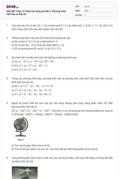 Giải SBT Toán 12 Chân trời sáng tạo Bài 3. Phương trình mặt cầu có đáp án