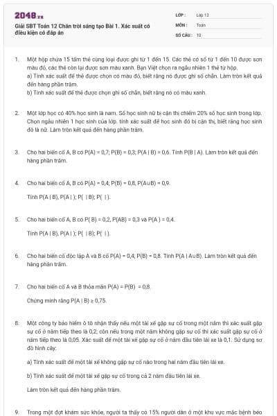 Giải SBT Toán 12 Chân trời sáng tạo Bài 1. Xác suất có điều kiện có đáp án