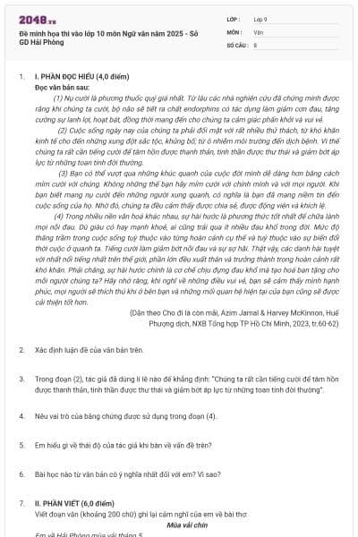 Đề minh họa thi vào lớp 10 môn Ngữ văn năm 2025 - Sở GD Hải Phòng