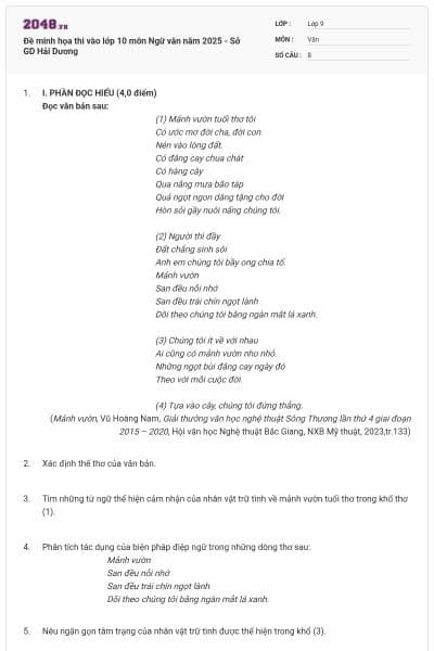 Đề minh họa thi vào lớp 10 môn Ngữ văn năm 2025 - Sở GD Hải Dương