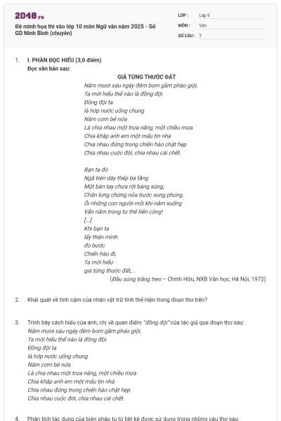 Đề minh họa thi vào lớp 10 môn Ngữ văn năm 2025 - Sở GD Ninh Bình (chuyên)