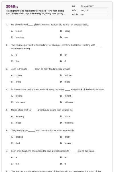 Trắc nghiệm tổng hợp ôn thi tốt nghiệp THPT môn Tiếng Anh Chuyên đề III. Đọc điền thông tin, thông báo, quảng cáo có đáp án