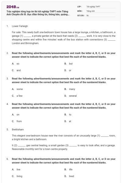 Trắc nghiệm tổng hợp ôn thi tốt nghiệp THPT môn Tiếng Anh Chuyên đề III. Đọc điền thông tin, thông báo, quảng cáo có đáp án