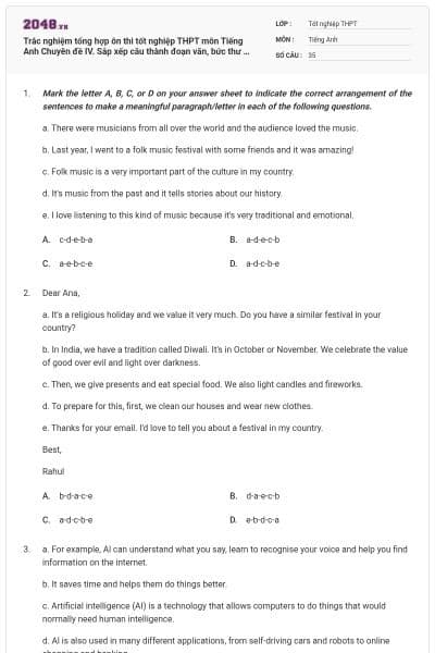 Trắc nghiệm tổng hợp ôn thi tốt nghiệp THPT môn Tiếng Anh Chuyên đề IV. Sắp xếp câu thành đoạn văn, bức thư có đáp án
