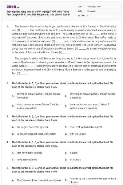 Trắc nghiệm tổng hợp ôn thi tốt nghiệp THPT môn Tiếng Anh Chuyên đề V. Đọc điền khuyết cấu trúc câu có đáp án