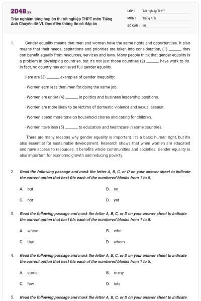 Trắc nghiệm tổng hợp ôn thi tốt nghiệp THPT môn Tiếng Anh Chuyên đề VI. Đọc điền thông tin có đáp án