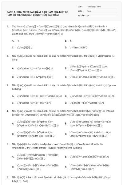 DẠNG 1. KHÁI NIỆM ĐẠO HÀM, ĐẠO HÀM CỦA MỘT SỐ HÀM SỐ THƯỜNG GẶP, CÔNG THỨC ĐẠO HÀM