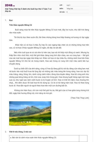 Giải Tiếng Việt lớp 5 dành cho buổi học thứ 2 Tuần 7 có đáp án