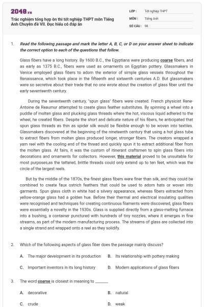 Trắc nghiệm tổng hợp ôn thi tốt nghiệp THPT môn Tiếng Anh Chuyên đề VII. Đọc hiểu có đáp án