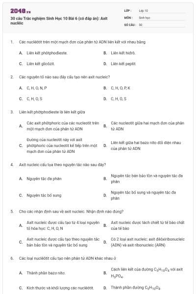 30 câu Trắc nghiệm Sinh Học 10 Bài 6 (có đáp án): Axit nuclêic