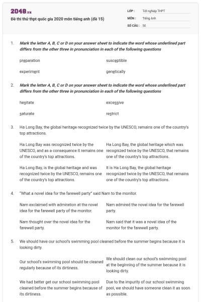 Đề thi thử thpt quốc gia 2020 môn tiếng anh (đề 15)