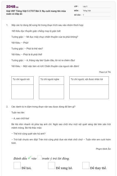 Giải VBT Tiếng Việt 5 CTST Bài 3: Nụ cười mang tên mùa xuân có đáp án