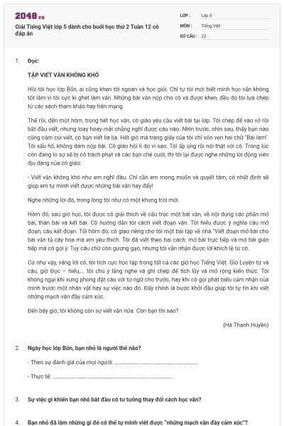 Giải Tiếng Việt lớp 5 dành cho buổi học thứ 2 Tuần 12 có đáp án