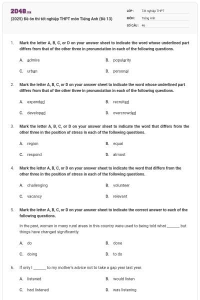 (2025) Đề ôn thi tốt nghiệp THPT môn Tiếng Anh (Đề 13)