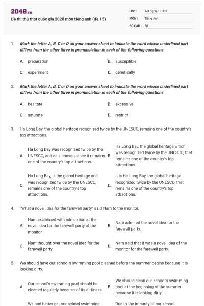Đề thi thử thpt quốc gia 2020 môn tiếng anh (đề 15)