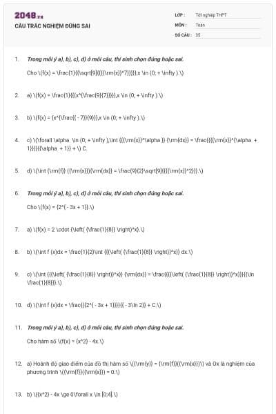 CÂU TRẮC NGHIỆM ĐÚNG SAI