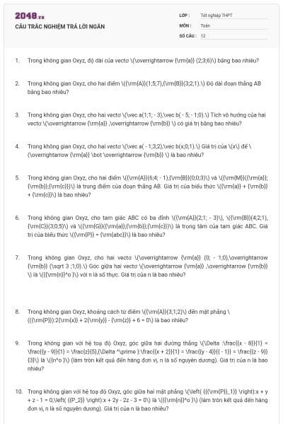 CÂU TRẮC NGHIỆM TRẢ LỜI NGẮN