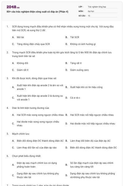 80+ câu trắc nghiệm Điện công suất có đáp án (Phần 4)