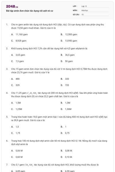 Bài tập amin đơn chức tác dụng với axit vô cơ