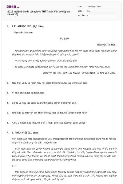 (2025 mới) Đề ôn thi tốt nghiệp THPT môn Văn có đáp án (Đề số 35)