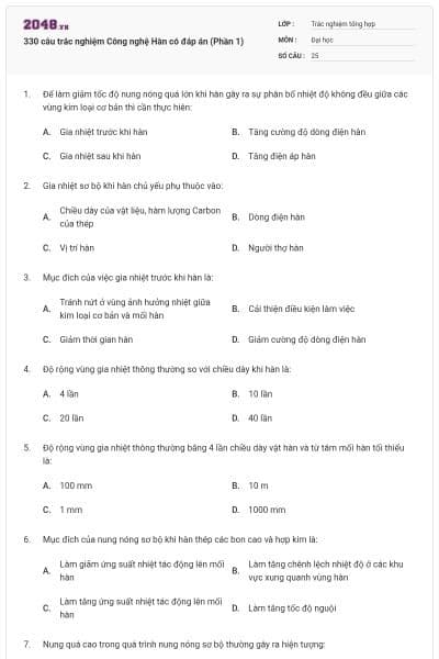 330 câu trắc nghiệm Công nghệ Hàn có đáp án (Phần 1)