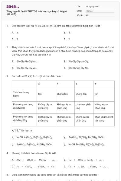 Tổng hợp đề ôn thi THPTQG Hóa Học cực hay có lời giải (Đề số 5)