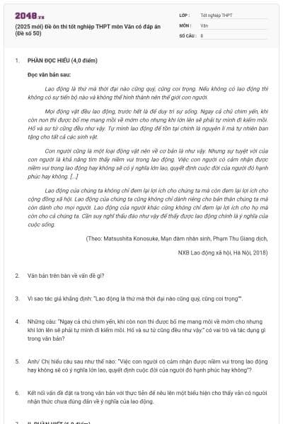 (2025 mới) Đề ôn thi tốt nghiệp THPT môn Văn có đáp án (Đề số 50)