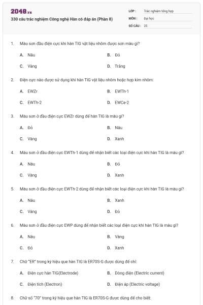 330 câu trắc nghiệm Công nghệ Hàn có đáp án (Phần 8)