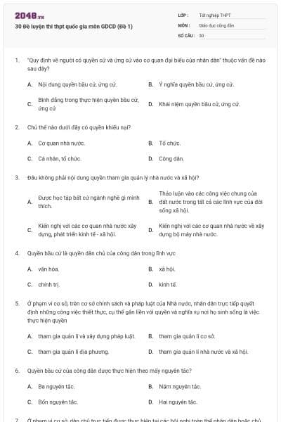 30 Đề luyện thi thpt quốc gia môn GDCD (Đề 1)