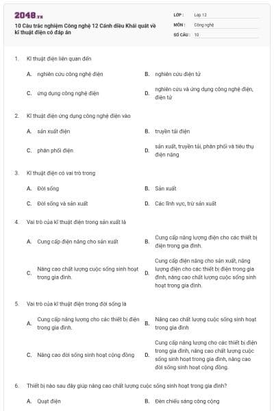 10 Câu trắc nghiệm Công nghệ 12 Cánh diều Khái quát về kĩ thuật điện có đáp án