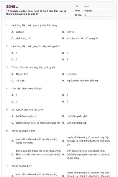 10 Câu trắc nghiệm Công nghệ 12 Cánh diều Cấu trúc hệ thống điện quốc gia có đáp án
