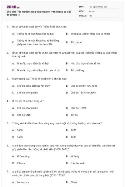 200 câu Trắc nghiệm tổng hợp Nguyên lý thống kê có đáp án (Phần 1)