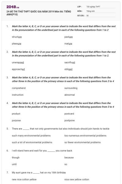 24 ĐỀ THI THỬ THPT QUỐC GIA NĂM 2019 Môn thi: TIẾNG ANH(P10)