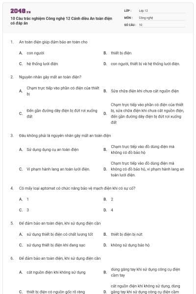10 Câu trắc nghiệm Công nghệ 12 Cánh diều An toàn điện có đáp án