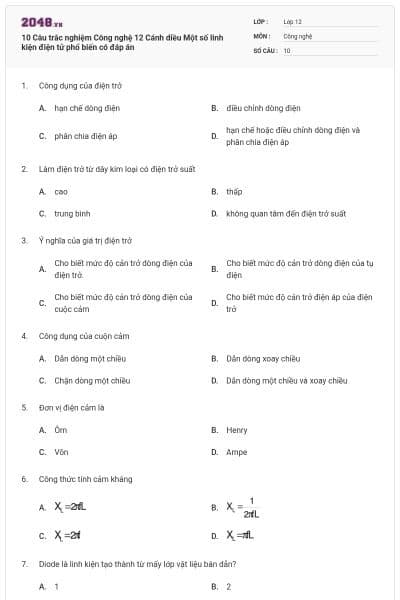 10 Câu trắc nghiệm Công nghệ 12 Cánh diều Một số linh kiện điện tử phổ biến có đáp án