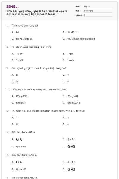 9 Câu trắc nghiệm Công nghệ 12 Cánh diều Khái niệm về điện tử số và các cổng logic cơ bản có đáp án