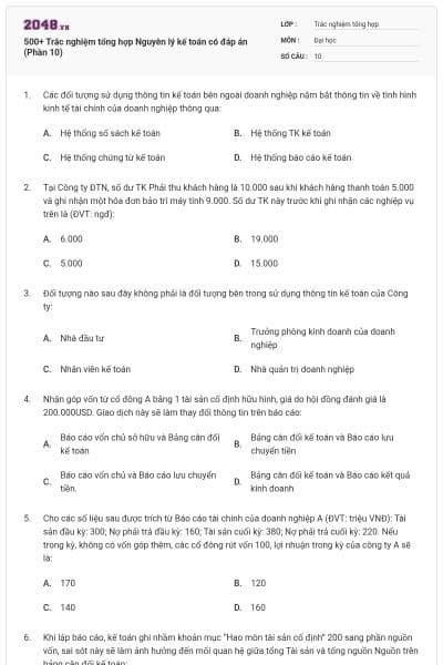 500+ Trắc nghiệm tổng hợp Nguyên lý kế toán có đáp án (Phần 10)